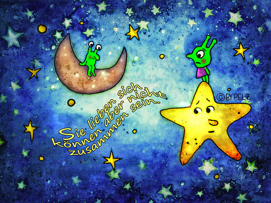 Außerirdische, Sterne, Mond, Weltall, Cartoon, Zeichnung, Zitat, digiART, Illustration, Copyright by Pelz, 2026.