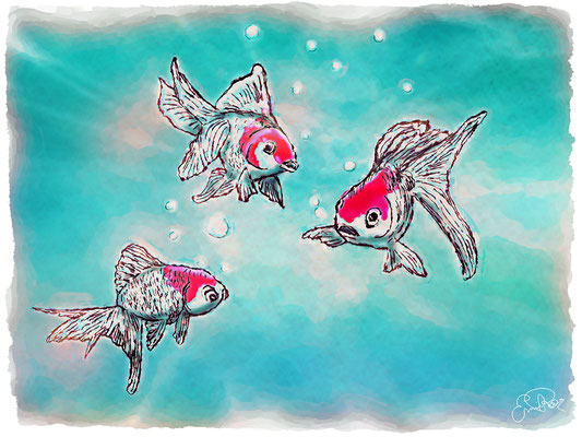 Titel: Rotkäppchen Goldfische - Größe: 30 x 40 cm - Art: digiART / gezeichnet mit Zeichentablett WACOM INTUOS BT M - © by Emil Pelz 2023
