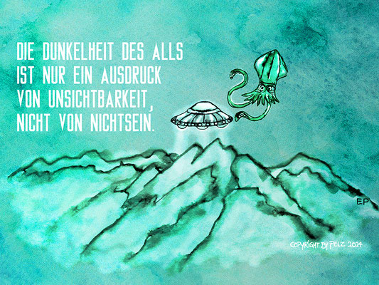 Titel: Alien Nation - Größe: 15 x 20 - Art: Aquarell, mit Tinte skizziert, mit Wasser vermalt - © by Emil Pelz 2024