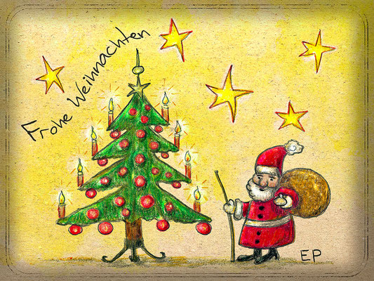 Titel: Frohe Weihnachten 2023 - Größe: 15 x 20 - Art: Ölstift- u. Aquarellmalerei - © by Emil Pelz 2023