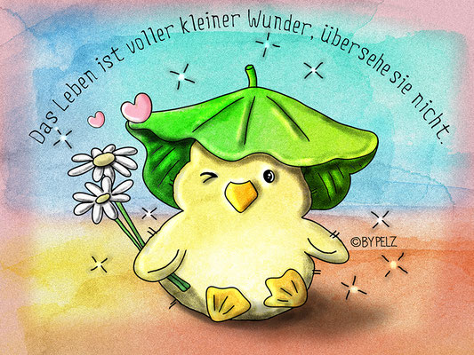Entchen, süß, Hut, Blatt, Blumen, Herzen, Zitat, Zeichnung, Cartoon, Illustration, Manga, lustig, Copyright by Pelz, 2026.