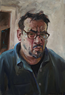Pavel Feinstein: *N 2427* (Selbstporträt), 2019, Öl auf Papier/Holz, 60 x 60 cm