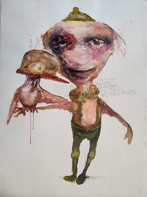 Juliane Hundertmark: *I like my bird*, 2020, Öl, Graphit/Papier, 75 x 57 cm