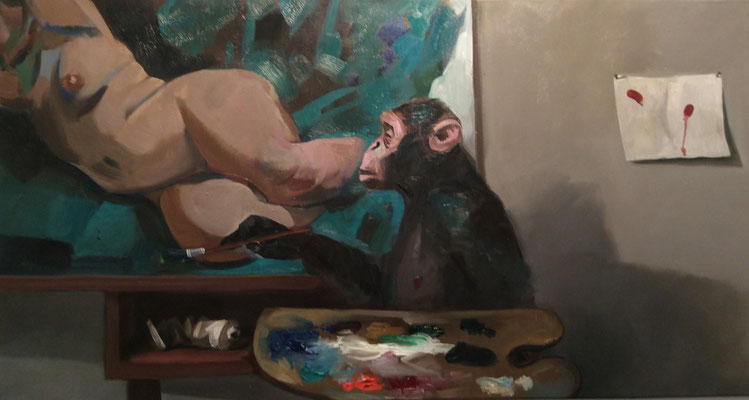 Pavel Feinstein *N 1539* (Akt malender Affe), 2011, Öl/Leinwand, 80 x 150 cm