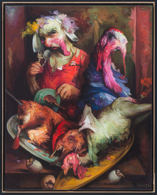 Yongbo Zhao: *Thanksgiving*, 2024, Öl/Leinwand, 100 x 80 cm