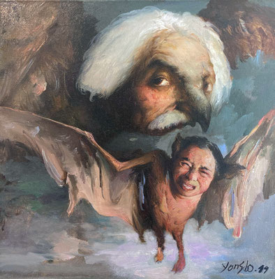 Yongbo Zhao: *Flugversuche*, 2019, Öl/Leinwand, 60 x 60 cm