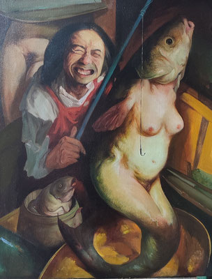 Yongbo Zhao: *Der Angler*, 2024, Öl/Leinwand, 100 x 80 cm