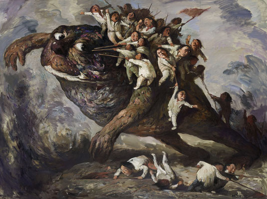 Yongbo Zhao: *Wir üben noch ...*, 2013, Öl/Leinwand, 180 x 240