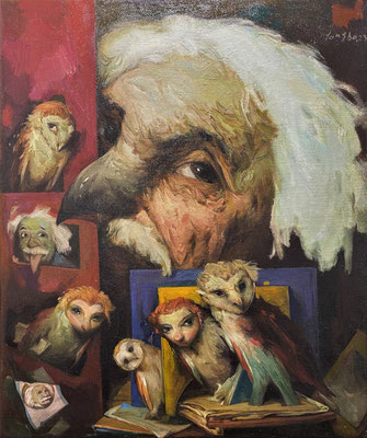 Yongbo Zhao: *Einstein und Freunde*, 2023, Öl/Leinwand, 120 x 100 cm