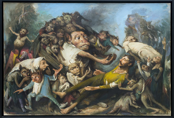 *Mitgefangen - mitgehangen*, 2017, Öl/Leinwand, 160 x 240 cm