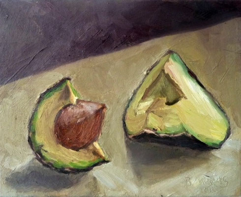Bettina Moras: *Avocadostücke*, 2015, Öl/Leinwand, 18 x 35 cm