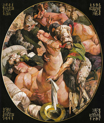 Yongbo Zhao: *Fußwaschung*, 2001, Öl/Leinwand mit bemaltem Holzrahmen, 180 x 150 cm