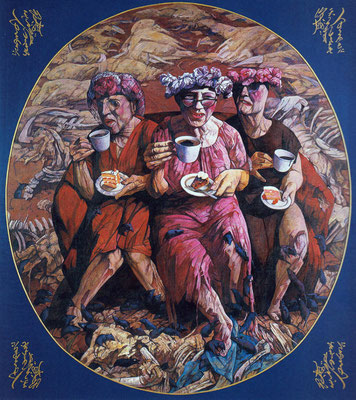 Yongbo Zhao: *Kaffeekränzchen 1*, 1998, Öl/Leinwand mit bemaltem Holzrahmen, 180 x 160 cm