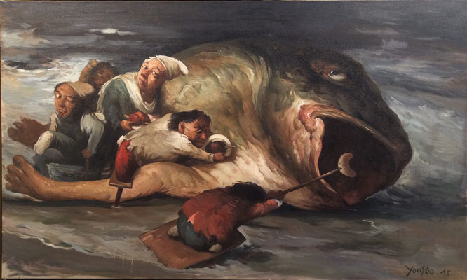 Yongbo Zhao: *Seht, die Korruption gedeiht überall*, 2015, Öl/Leinwand, 90 x 150 cm