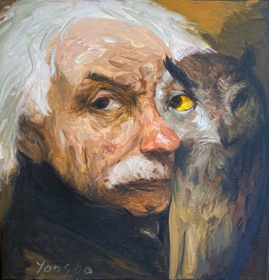 Yongbo Zhao: *Intelligenz und Weisheit II*, 2021, Öl/Leinwand, 40 x 40 cm