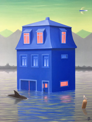 André Schulze: *Blaues Haus*, 2021, Öl/Leinwand, 60 x 50 cm