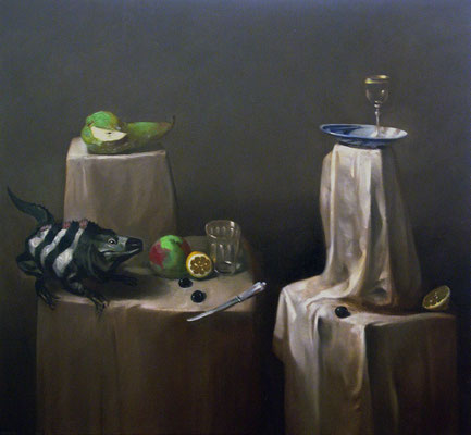 Pavel Feinstein: *N 1370* (Stillleben mit Echse I), 2009 Öl/Leinwand, 120 x 130 cm