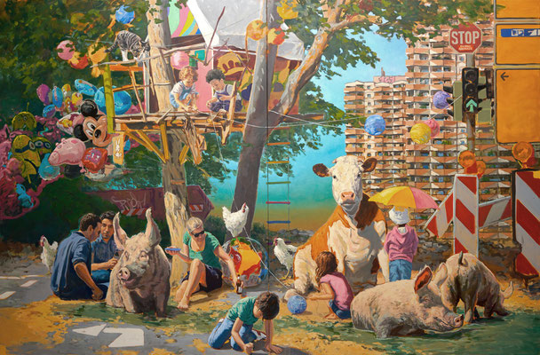 Hartmut Kiewert: *Neighborhood*, 2024, Öl/Leinwand, 250 x 380 cm