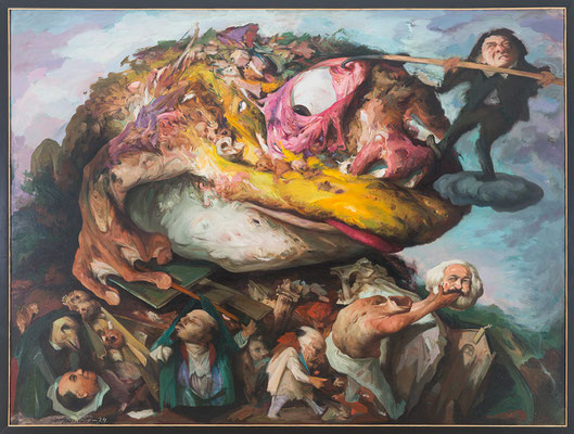 Yongbo Zhao: *Wachsam bleiben!*, 2012-2024, Öl/Leinwand, 180 x 240 cm