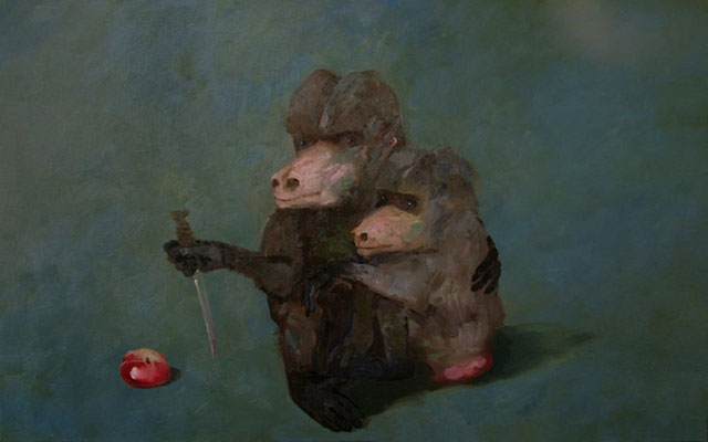 Pavel Feinstein: *N 1167* (Zwei Affen mit Apfel und Messer), 2007, Öl/Leinwand, 100 x 160 cm