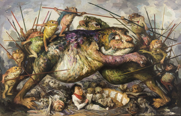 Yongbo Zhao: *Ich habe genug von der Sinnlosigkeit eures Kampfes*, 2013-2025, 180 x 280 cm