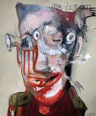 Juliane Hundertmark: *My demon*, 2021, Öl, Collage/Leinwand, 180 x 150 cm