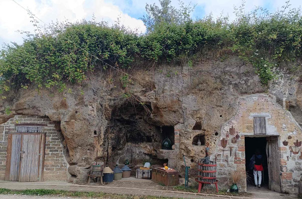 Im "Felsenkeller" ist das Öl und der Wein in Fässern 