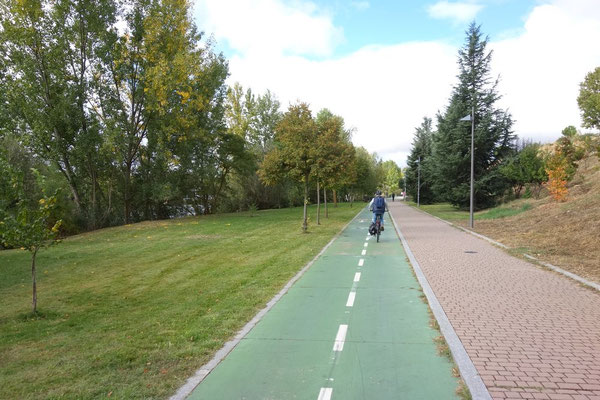 Auf dem grünen Radweg geht`s in die Stadt
