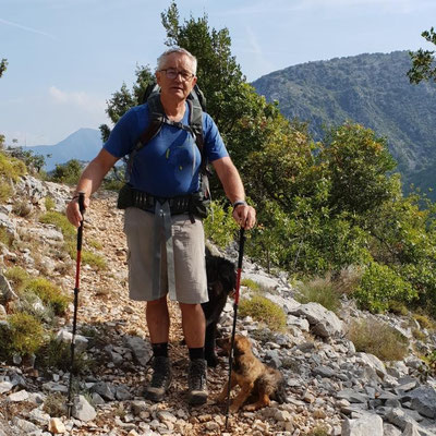 Papou avec des toutous accompagnant le patou