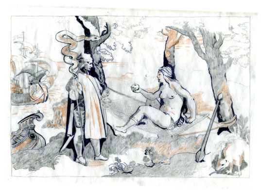 Preludio. Study based on Americo awakes America, a print by Johannes Stradanus (1523-1605)