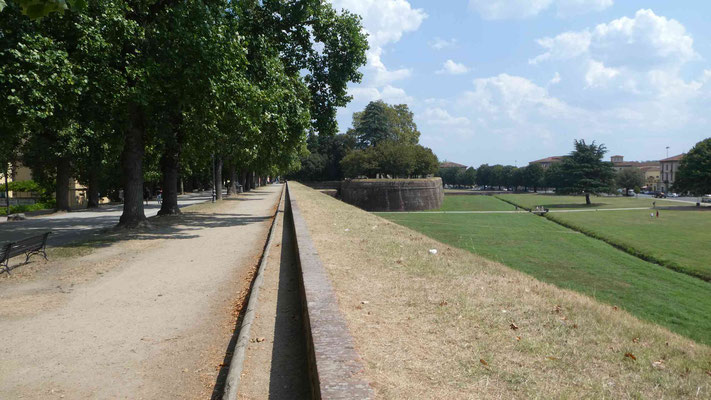 Die mehr als vier Kilometer lange Stadtmauer um Lucca ist zweifellos die attraktivste der Toskana. Das gigantische baumbestandene Bauwerk wurde zur Promenade mit Straße, Gartenbänken und kleinem Gartencafé ausgebaut.