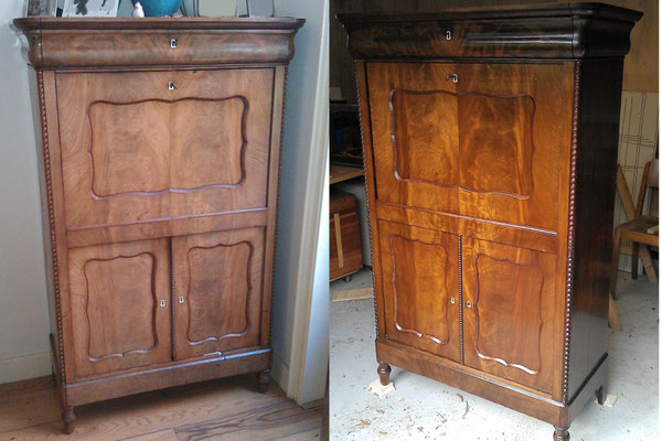 Deze biedermeier secretaire heeft op verzoek een flinke opfrisbeurt gekregen met een nieuwe schellak politour