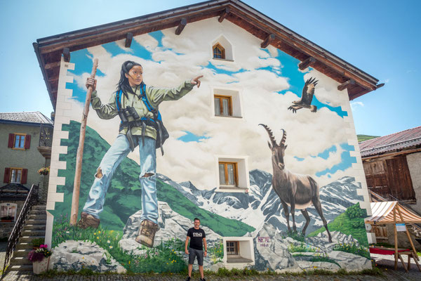 Mural "Andiamo", 2019. Bivio, Switzerland. 11m x 12.0m. Acrylic and Spraycan