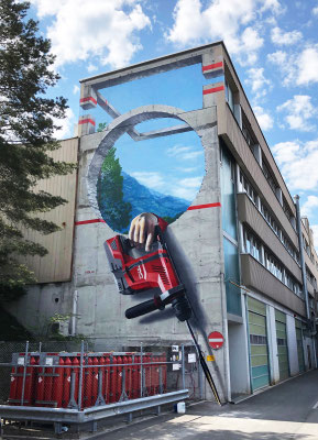 Anamorphic Mural "Break Trough": Hilti Headquarter, Schaan. 7.5 m x 16 m.  Acrylic and Spraycan