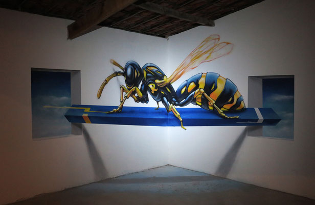 Corner Piece at Casa Melucia, Canoa Quebrada - Brasil. Anamorphic painting Spraycan on wall. 6 m x 2.6 m.