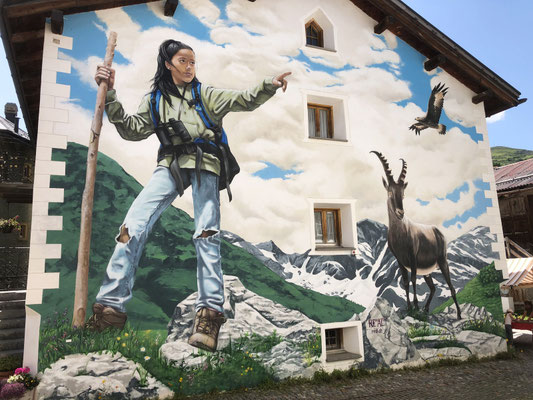 Mural "Andiamo", 2019. Bivio, Switzerland. 11m x 12.0m. Acrylic and Spraycan