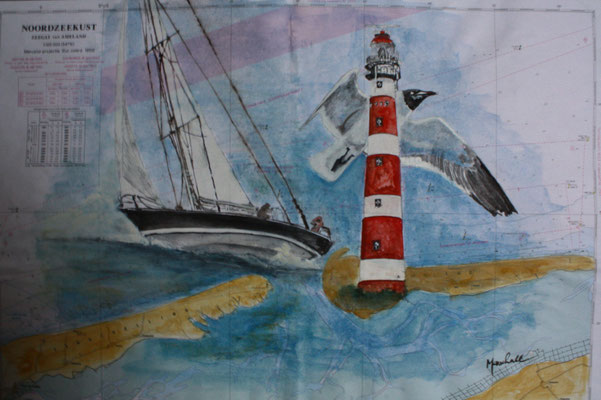 "LT Ameland", Aquarell auf Seekarte,35 x 50, Kat.-Nr. 12407