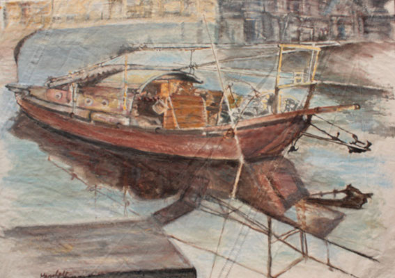 "Fischerboot in China", Acryl a. Segel, 50 x 70, Kat.-Nr. 11355