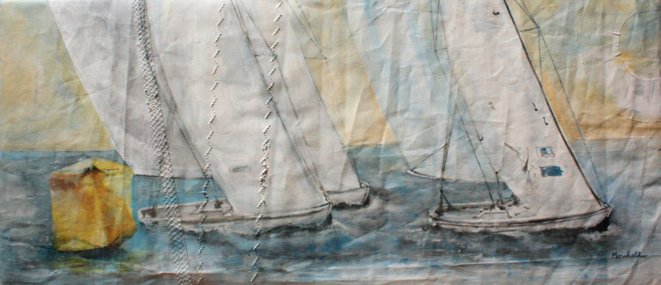 "Regatta an gelber Tonne", Acryl auf Segel, 40 x 90, Kat.-Nr.  13452