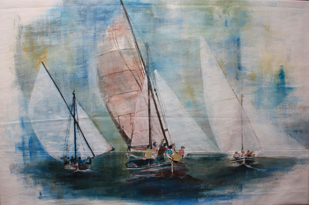 "Lateinersegler Regatta II", Acryl auf Segel, 80 x 120, Kat.-Nr. 03216