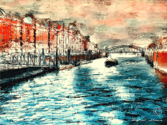 Speicherstadt 6 "Am Zollkanal" - Format 100 x 75 cm / Druck auf Leinwand , Alu Dibond oder Acrylglas