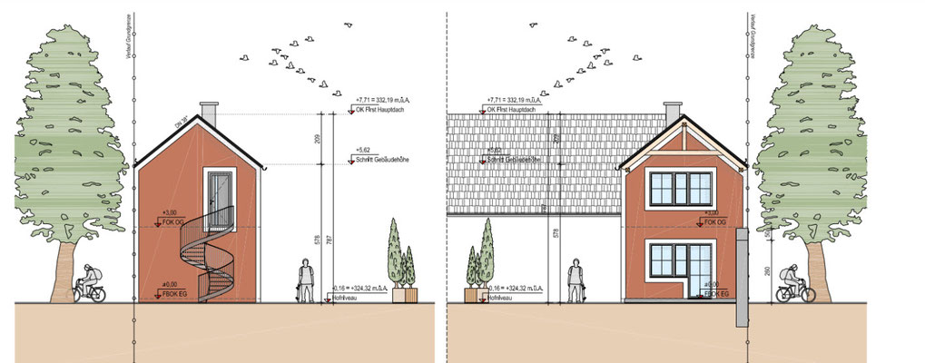 Der geplante Neubau von vorne und hinten - das Gästezimmer hinten kann unabhängig vom Haupthaus mit einer Wendeltreppe erreicht werden.