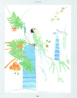 Elena P. Knoll, "Green Parrots", Tusche und Mischtechnik auf Zeichenkarton