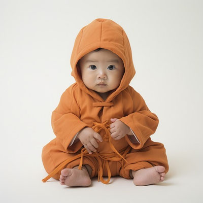 オレンジ色のつなぎを着た赤ちゃん