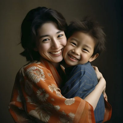 一昔前の抱きしめあう母と子供