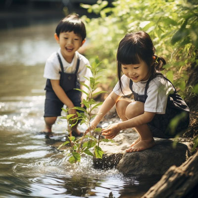 浅い川で遊ぶ子供達
