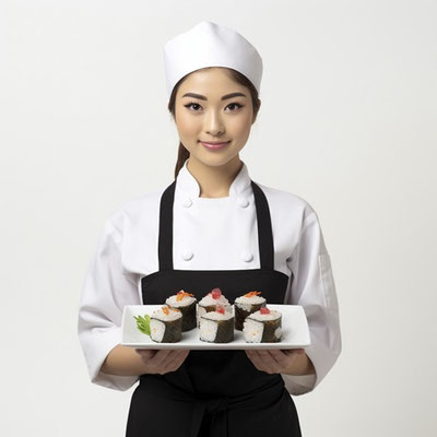 巻きずしを持つ料理人(女性)