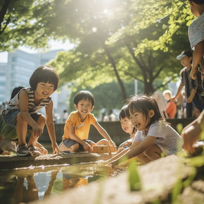 浅い川で遊ぶ子供達