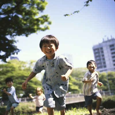 都会にある公園で走る子供達