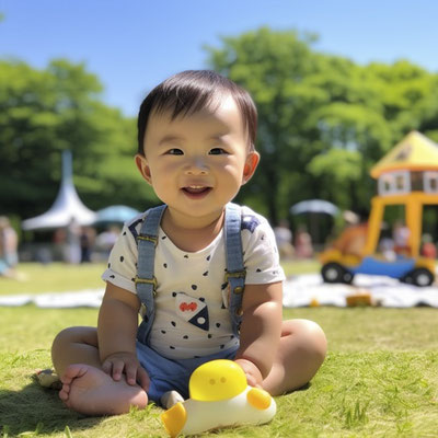 暖かい日に公園で遊ぶ幼児